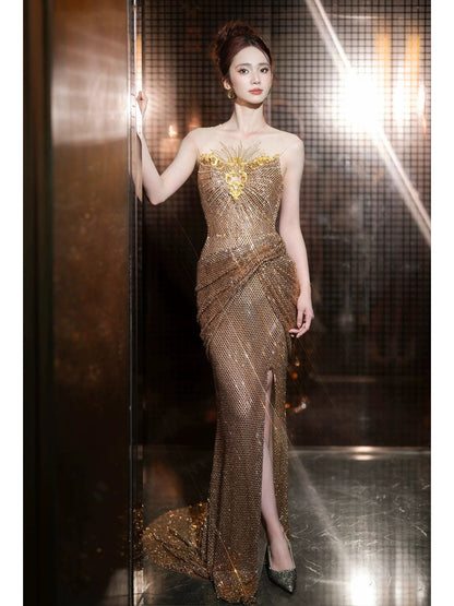 Sparkly Mermaid Scoop Sequined Gold With Split Long Date Night Evening Outfit Formal Prom Dresses RB5326