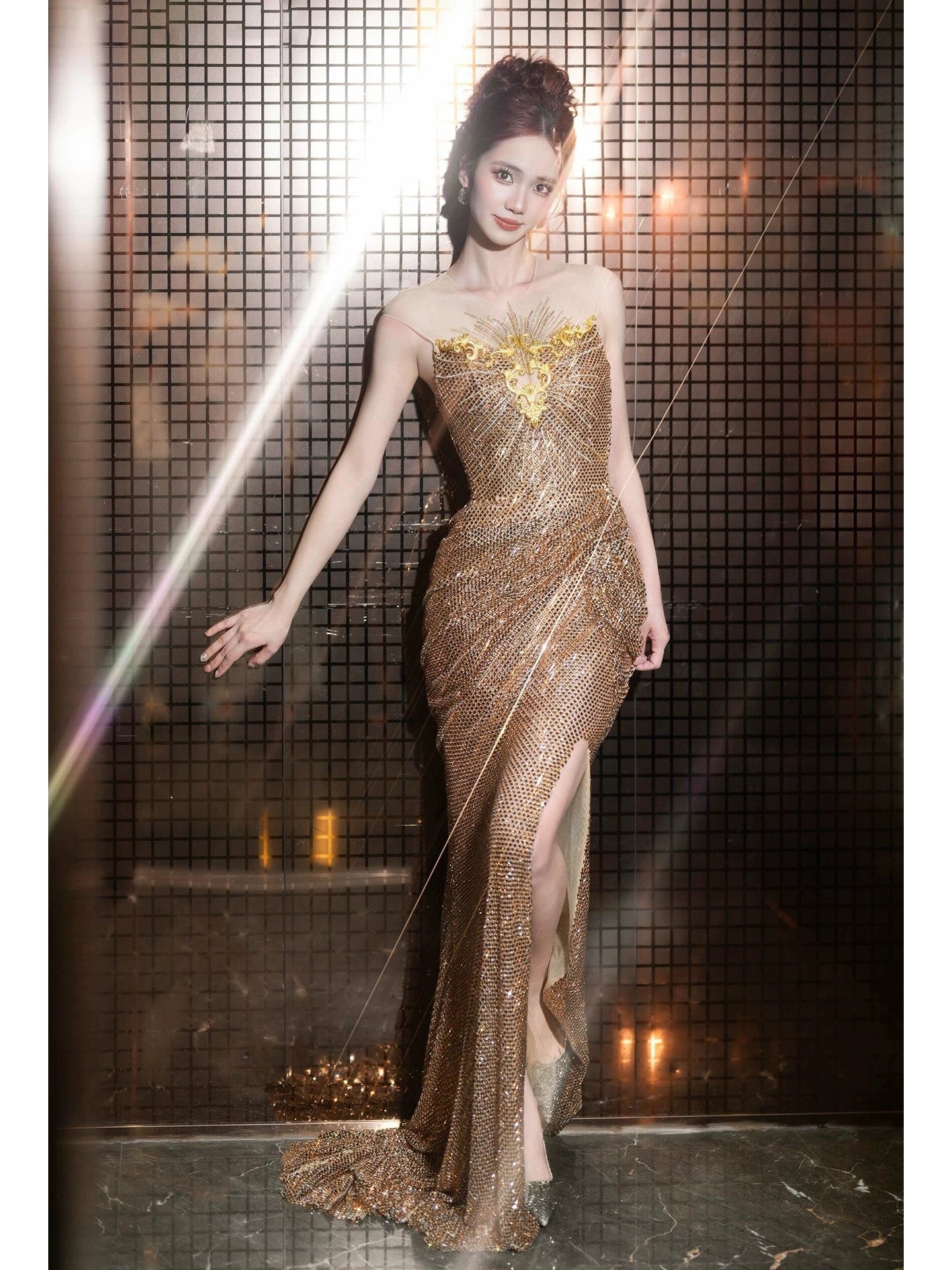 Sparkly Mermaid Scoop Sequined Gold With Split Long Date Night Evening Outfit Formal Prom Dresses RB5326