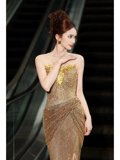 Sparkly Mermaid Scoop Sequined Gold With Split Long Date Night Evening Outfit Formal Prom Dresses RB5326