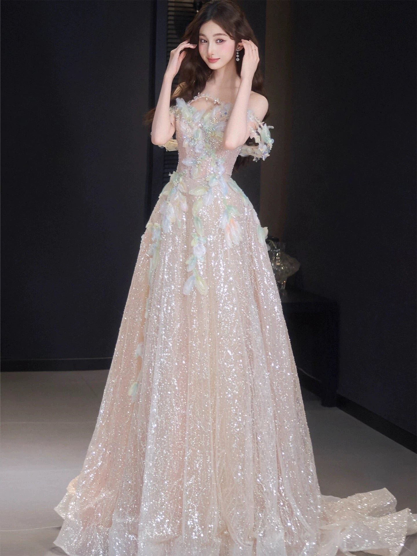 Sparkly A Line Off The Shoulder Pink Sequin Date Night Outfits Semi Formal Prom Gown Evening Dresses RB5542