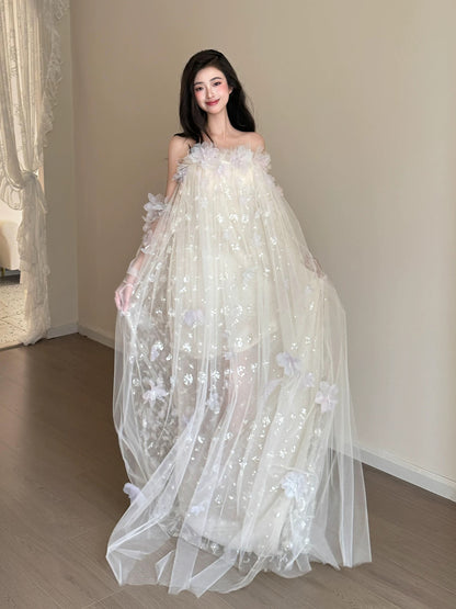 Princess Ball Gown Strapless White Tulle With Flowers Date Night Evening Outfit Formal Prom Dresses RB5328
