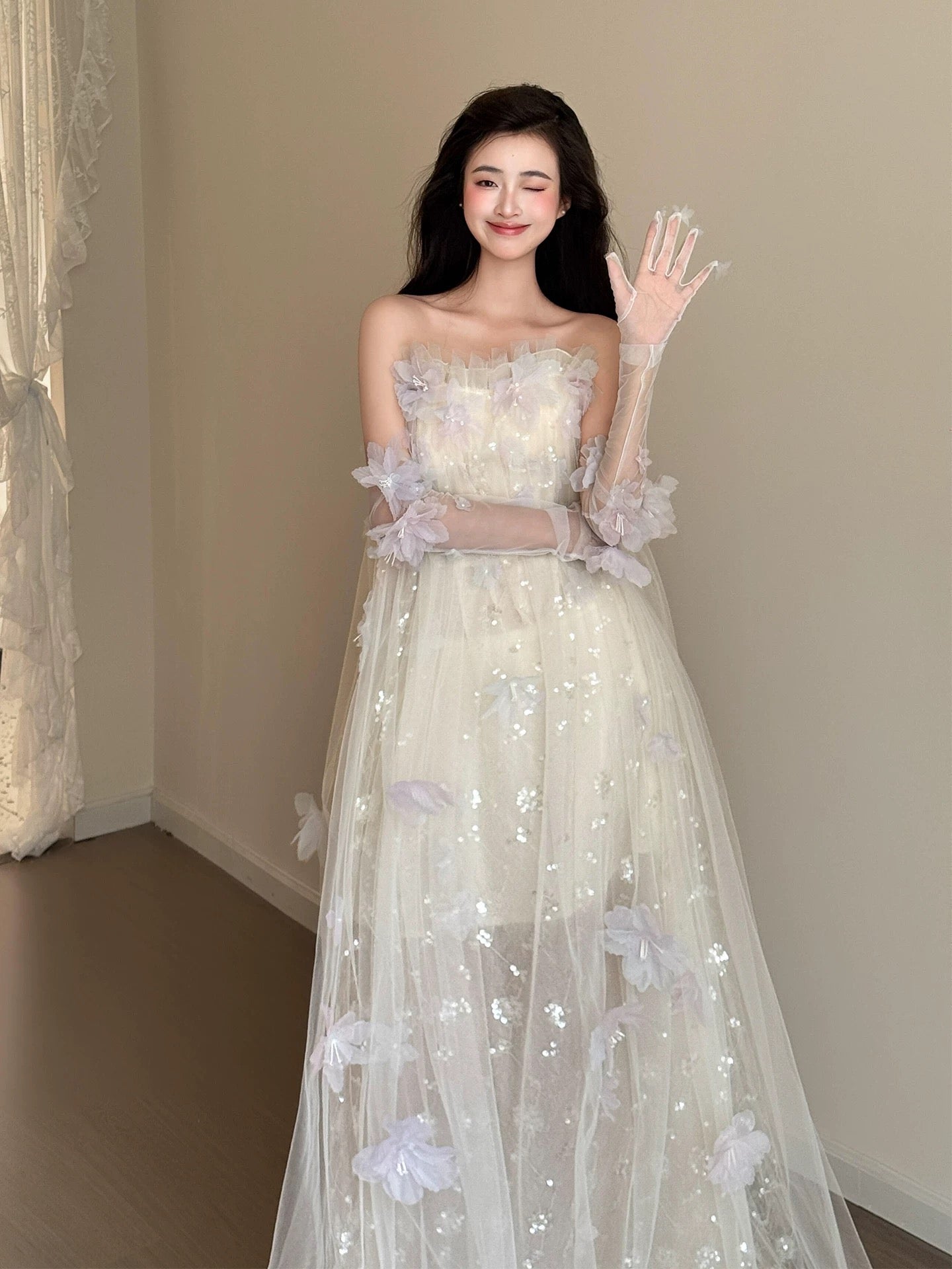 Princess Ball Gown Strapless White Tulle With Flowers Date Night Evening Outfit Formal Prom Dresses RB5328