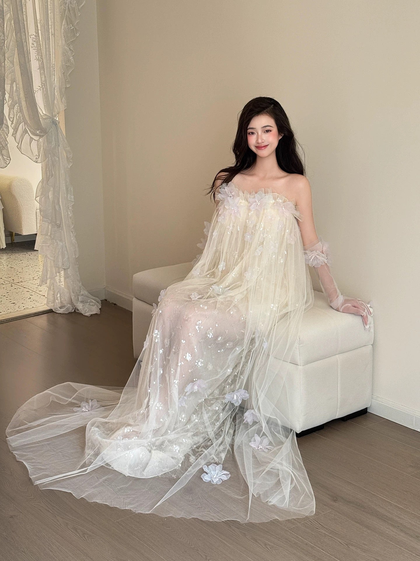 Princess Ball Gown Strapless White Tulle With Flowers Date Night Evening Outfit Formal Prom Dresses RB5328