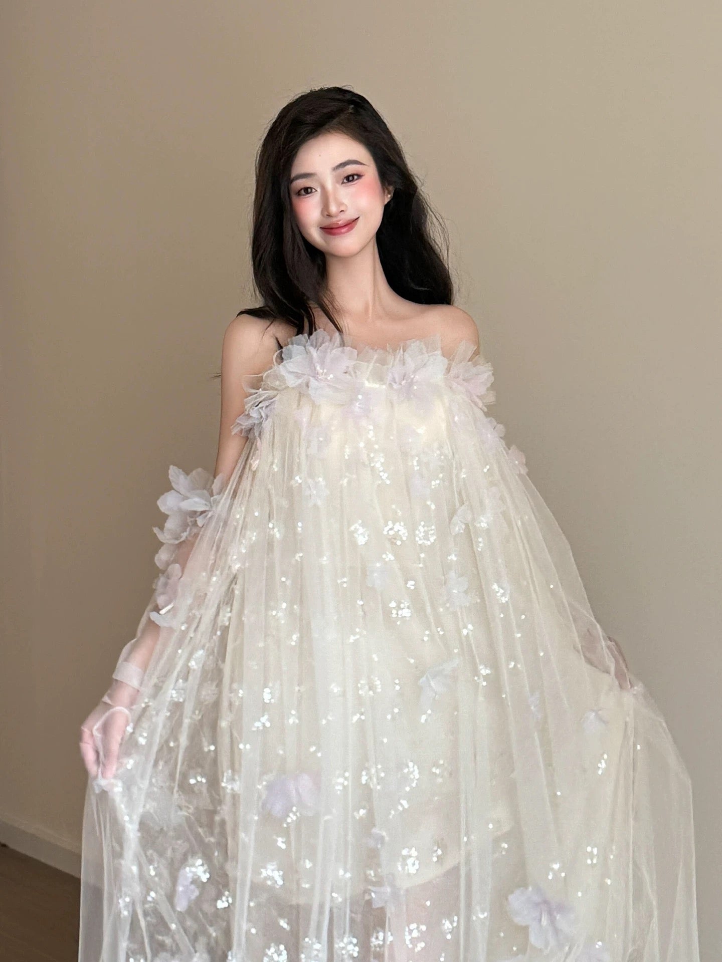 Princess Ball Gown Strapless White Tulle With Flowers Date Night Evening Outfit Formal Prom Dresses RB5328