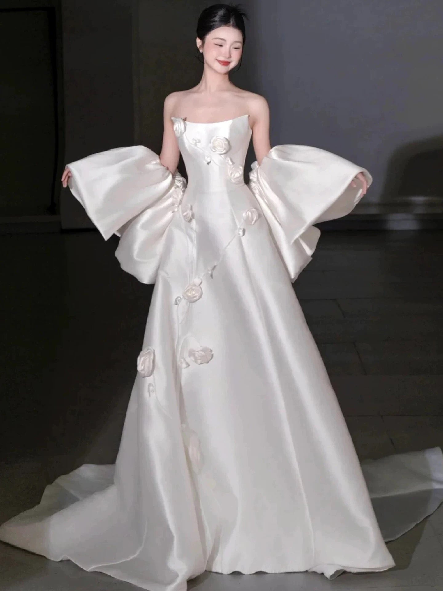 Modest A Line Strapless With Cape White Satin Brides Gown Bridal Dress Long Wedding Dresses RB5329