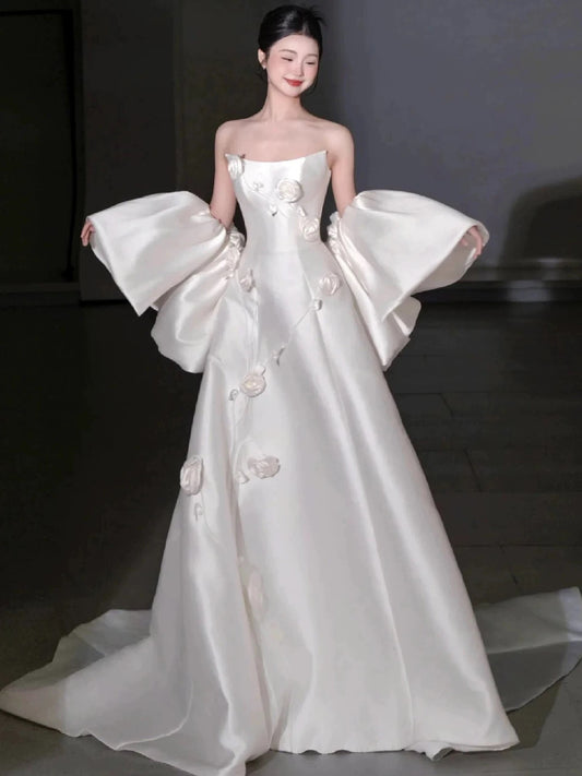 Timeless A Line Strapless Satin White With Cape Floor Length Brides Gown Bridal Dress Wedding Dresses RB5567