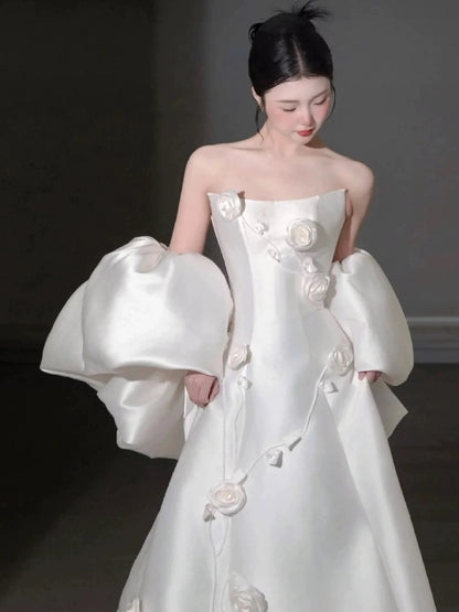 Modest A Line Strapless With Cape White Satin Brides Gown Bridal Dress Long Wedding Dresses RB5329