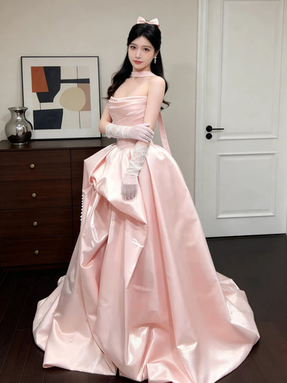Princess Ball Gown Strapless Pink Satin With Ruffled Date Night Evening Outfit Formal Prom Dresses RB5331