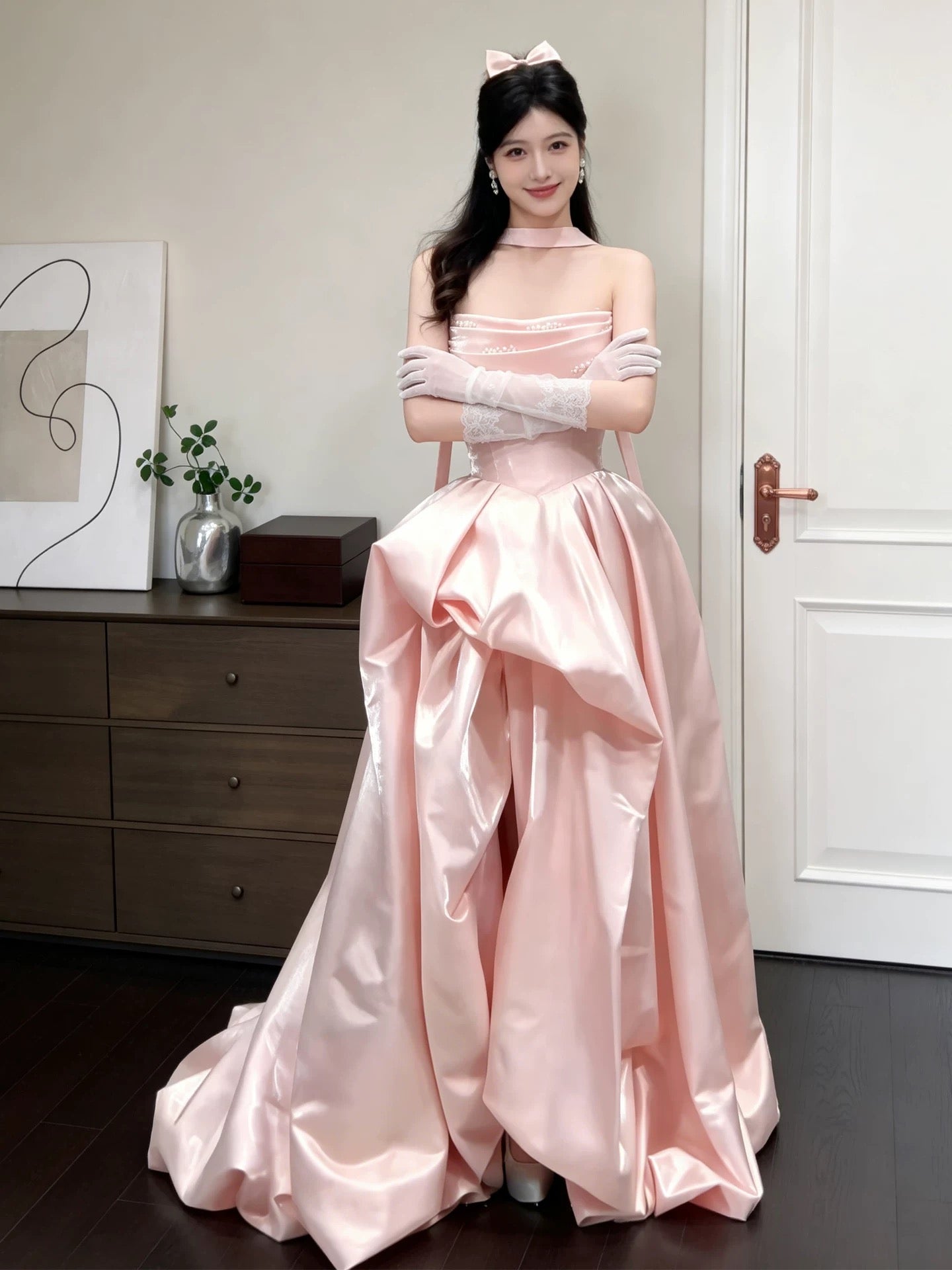 Princess Ball Gown Strapless Pink Satin With Ruffled Date Night Evening Outfit Formal Prom Dresses RB5331