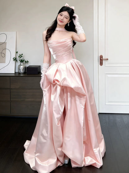 Princess Ball Gown Strapless Pink Satin With Ruffled Date Night Evening Outfit Formal Prom Dresses RB5331