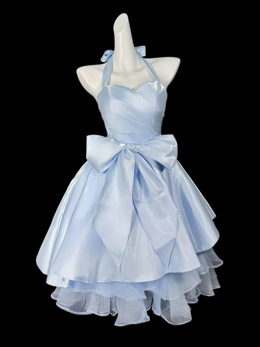 Cute Ball Gown Halter Blue Satin Short Cocktail Gown Homecoming Dresses Ideas Hoco Outfits RB5332