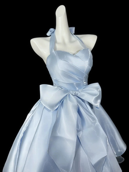 Cute Ball Gown Halter Blue Satin Short Cocktail Gown Homecoming Dresses Ideas Hoco Outfits RB5332