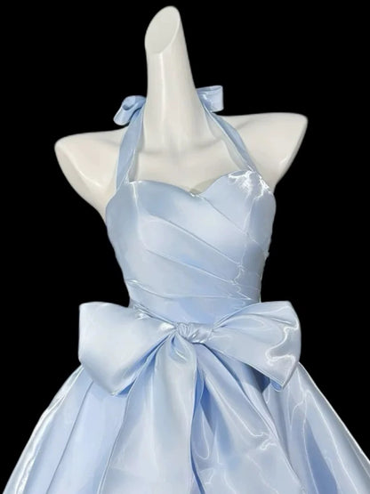Cute Ball Gown Halter Blue Satin Short Cocktail Gown Homecoming Dresses Ideas Hoco Outfits RB5332