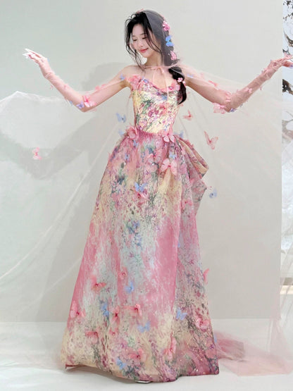 Cute Ball Gown Strapless Pink With Butterfly Date Night Outfits Semi Formal Prom Gown Evening Dresses RB5569