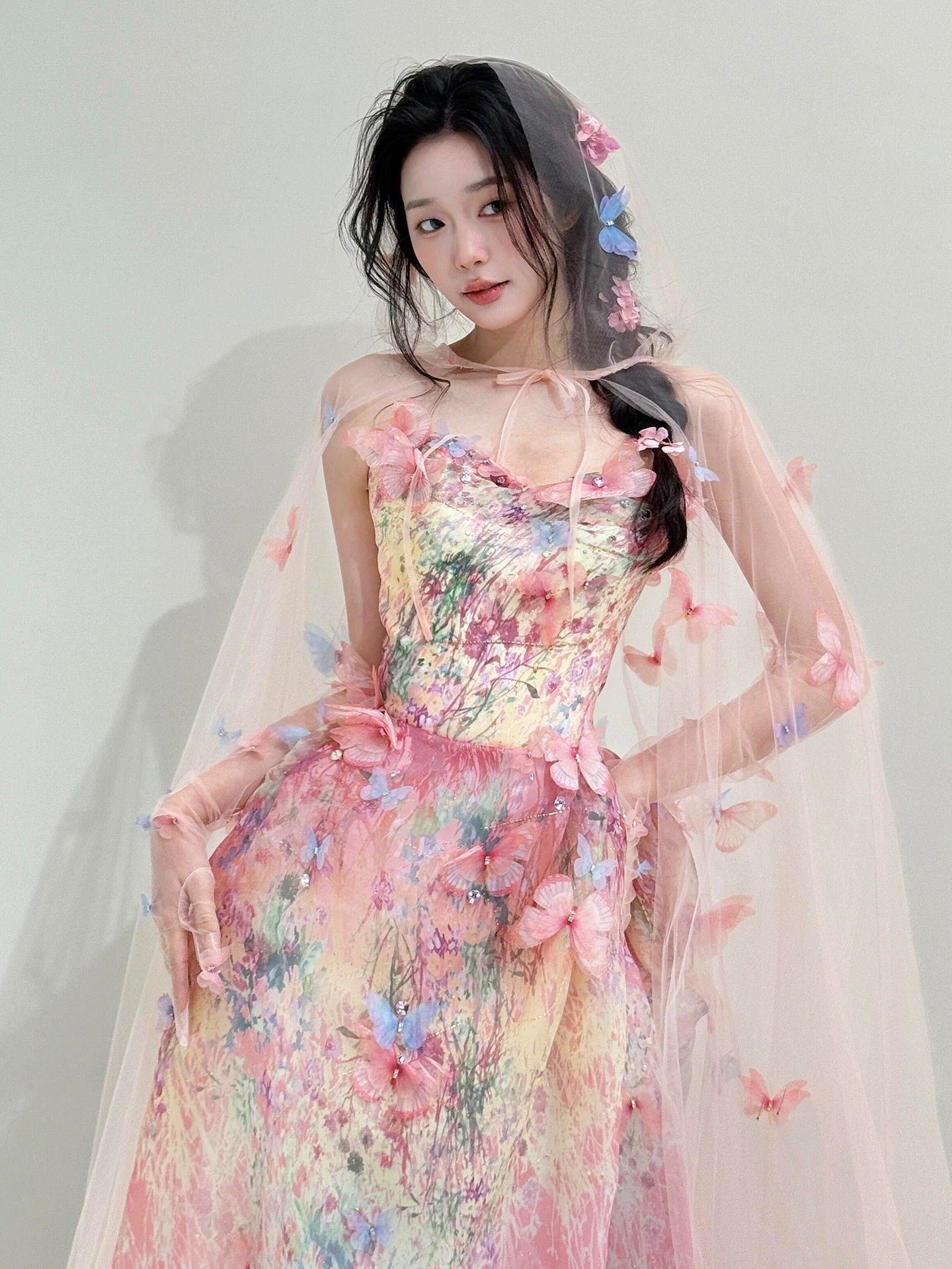 Cute Ball Gown Strapless Pink With Butterfly Date Night Outfits Semi Formal Prom Gown Evening Dresses RB5569