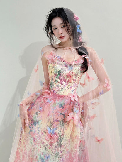Cute Ball Gown Strapless Pink With Butterfly Date Night Outfits Semi Formal Prom Gown Evening Dresses RB5569
