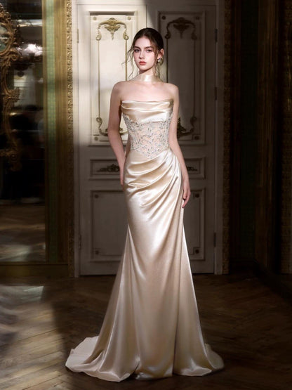 Beautiful Mermaid Strapless Champagne Satin Date Night Outfits Semi Formal Prom Gown Evening Dresses RB5334