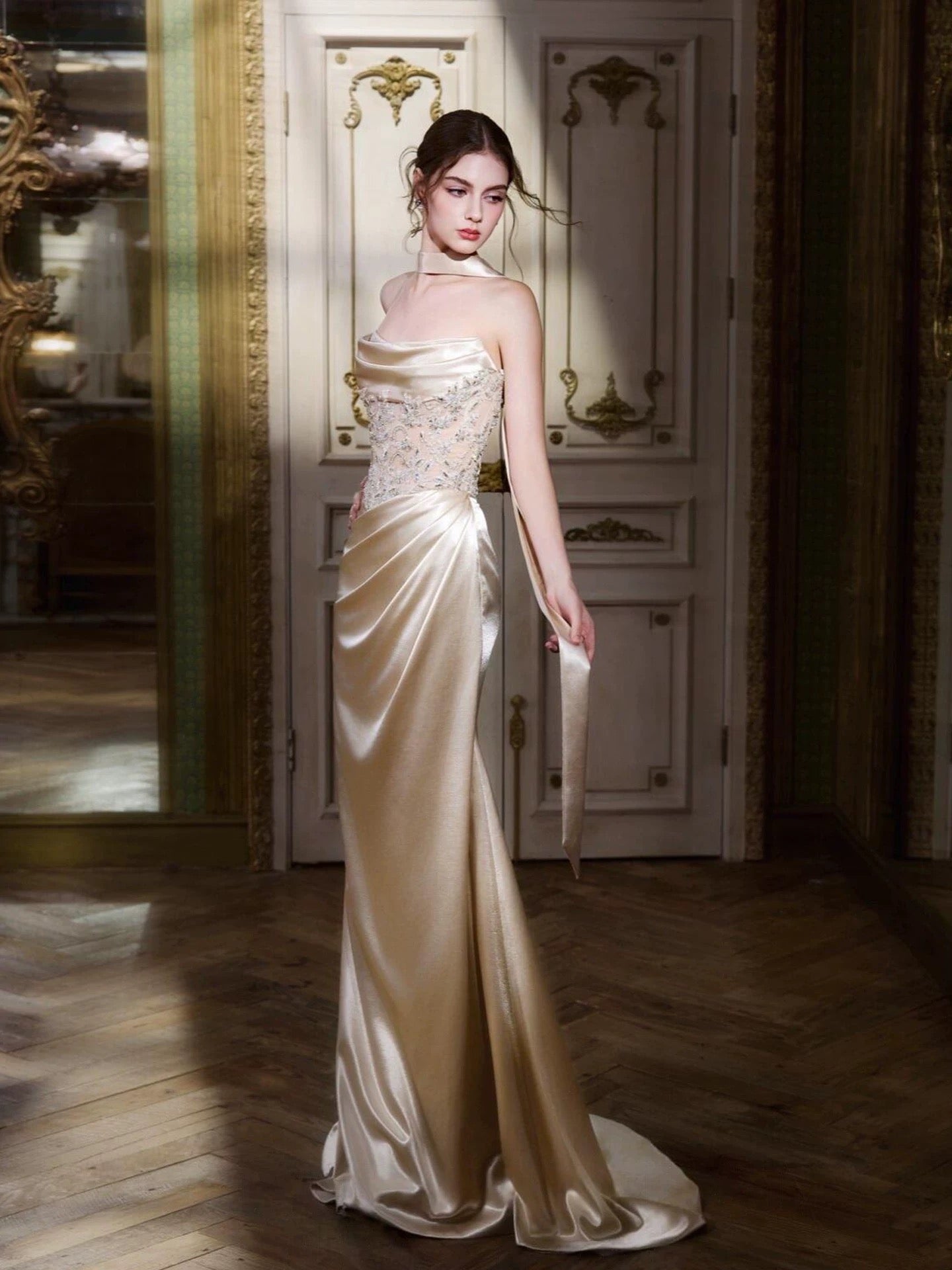 Beautiful Mermaid Strapless Champagne Satin Date Night Outfits Semi Formal Prom Gown Evening Dresses RB5334