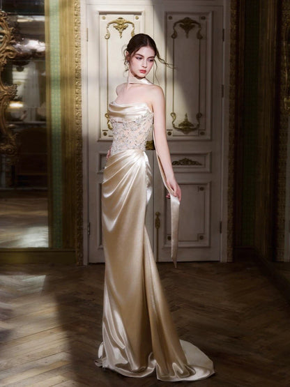 Classy Mermaid Strapless Champagne With Beading Date Night Outfits Semi Formal Prom Gown Evening Dresses RB5570