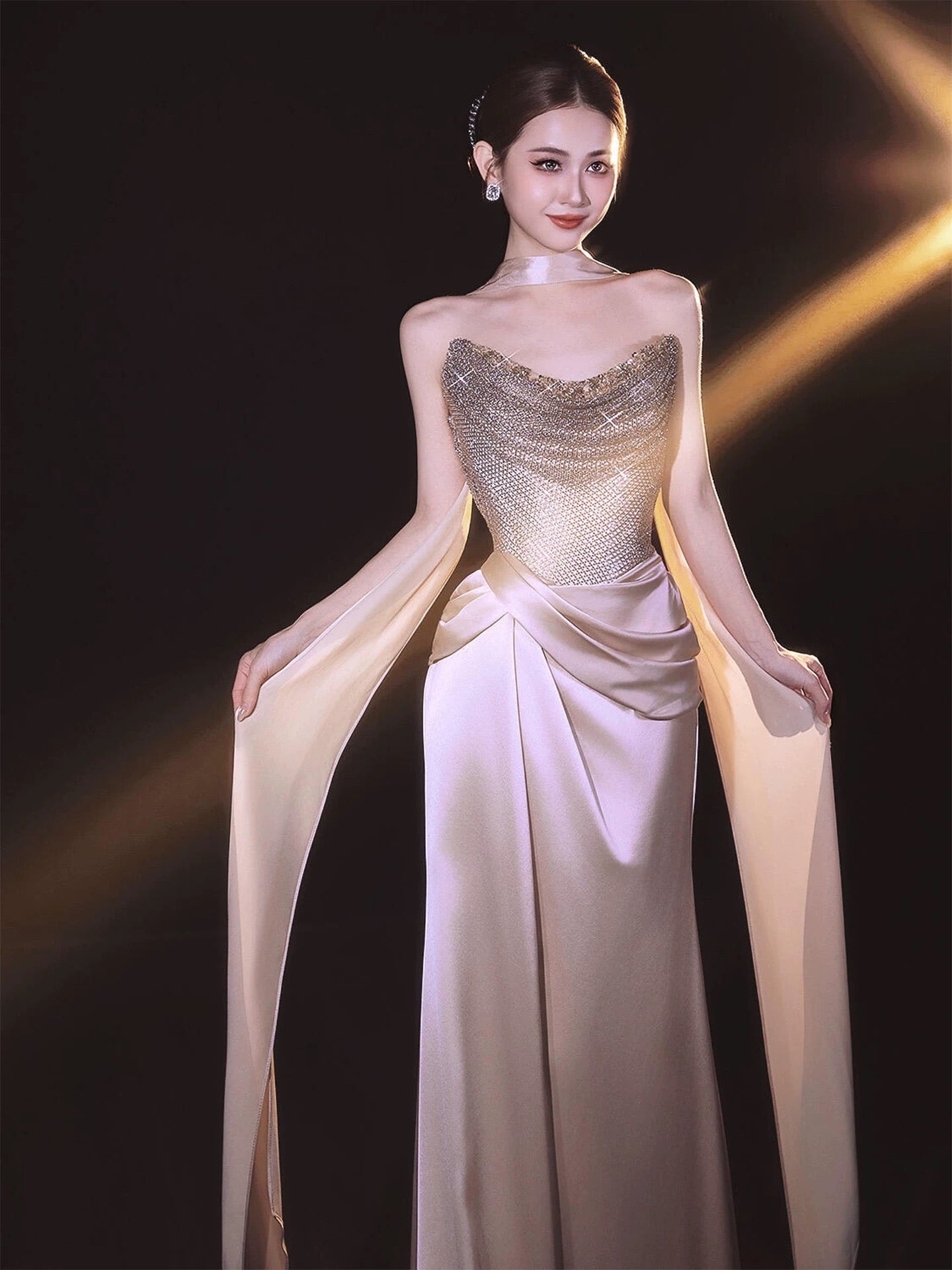 Classy Mermaid Strapless Champagne With Sequin Date Night Outfits Semi Formal Prom Gown Evening Dresses RB5573