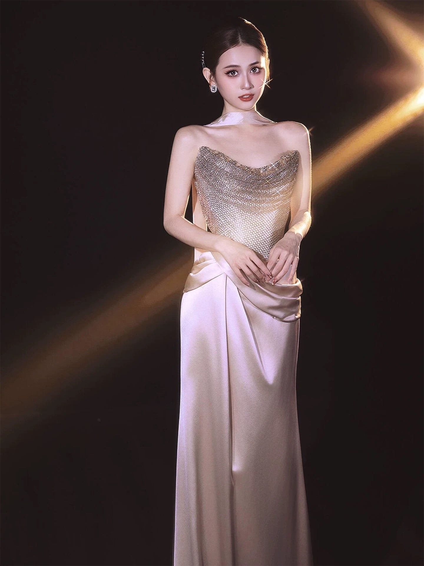 Classy Mermaid Strapless Champagne With Sequin Date Night Outfits Semi Formal Prom Gown Evening Dresses RB5573