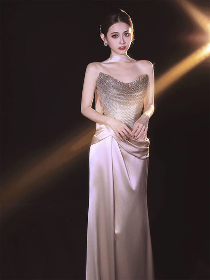 Classy Mermaid Strapless Champagne With Sequin Date Night Outfits Semi Formal Prom Gown Evening Dresses RB5573