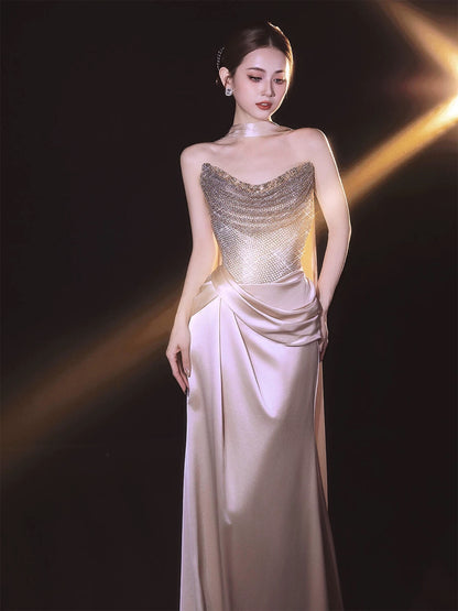 Sparkly Mermaid Sweetheart Sequined Champagne With Scarf Long Date Night Evening Outfit Formal Prom Dresses RB5336