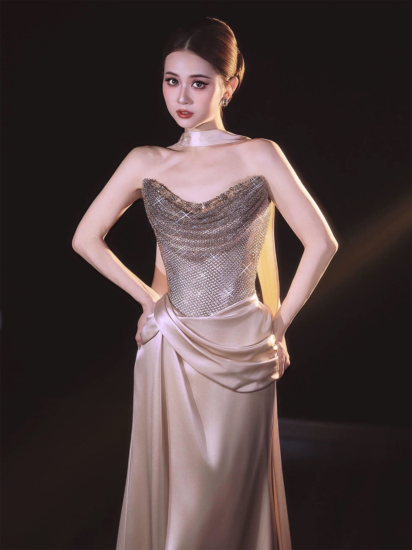 Classy Mermaid Strapless Champagne With Sequin Date Night Outfits Semi Formal Prom Gown Evening Dresses RB5573