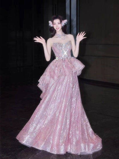 Princess Ball Gown Sweetheart Pink With Beads Date Night Evening Outfit Formal Prom Dresses RB5337