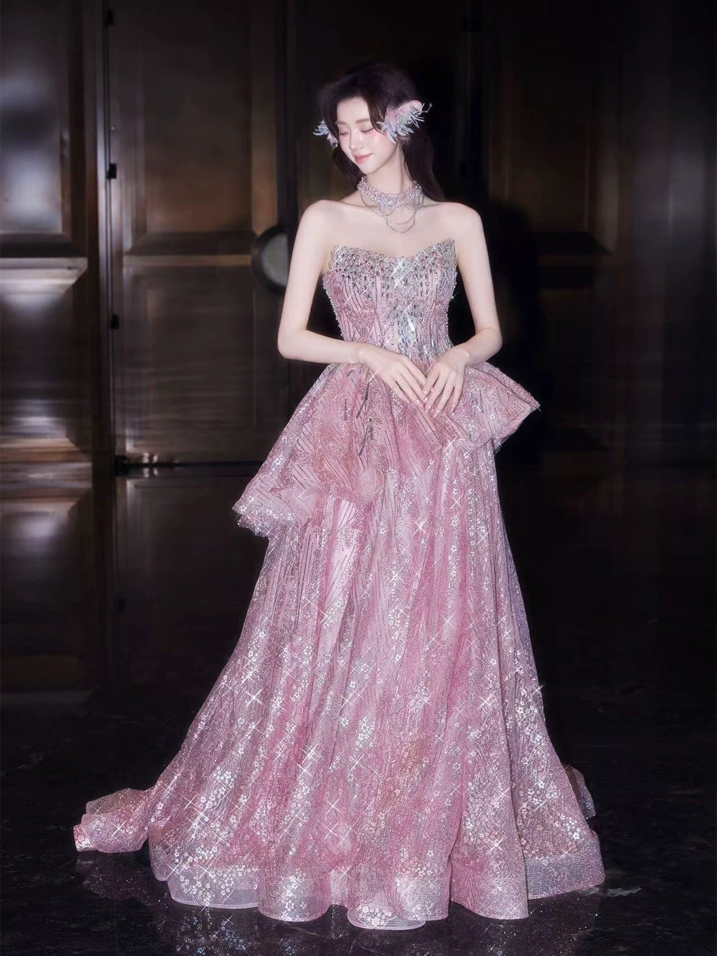 Sparkly A Line Sweetheart Pink Sequin Long Date Night Outfits Semi Formal Prom Gown Evening Dresses RB5543
