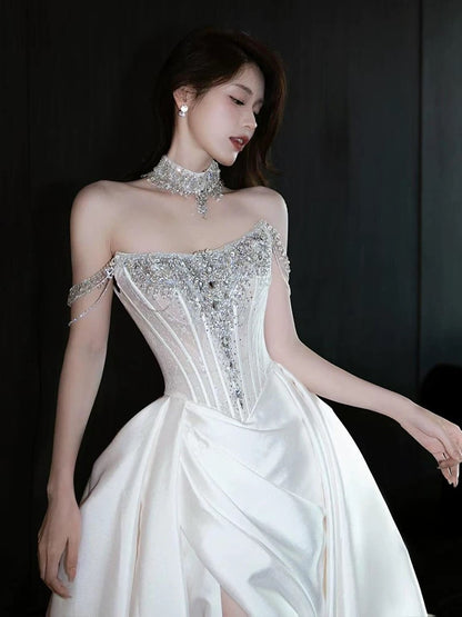 Modest Sheath Strapless With Train White Satin Brides Gown Bridal Dress Long Wedding Dresses RB5338