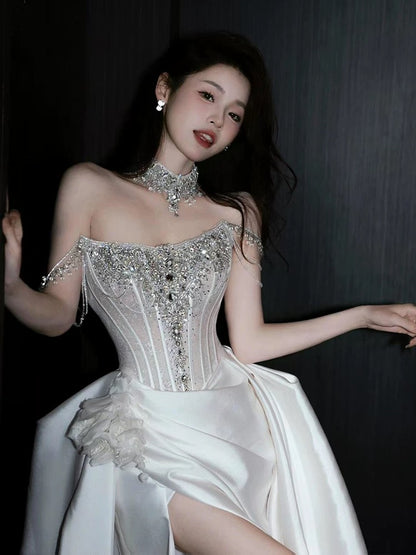 Modest Sheath Strapless With Train White Satin Brides Gown Bridal Dress Long Wedding Dresses RB5338
