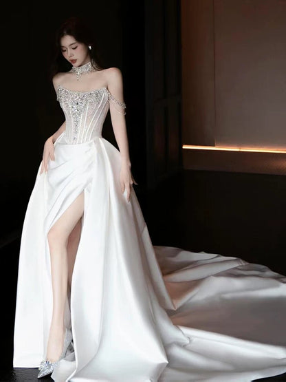 Modest Sheath Strapless With Train White Satin Brides Gown Bridal Dress Long Wedding Dresses RB5338
