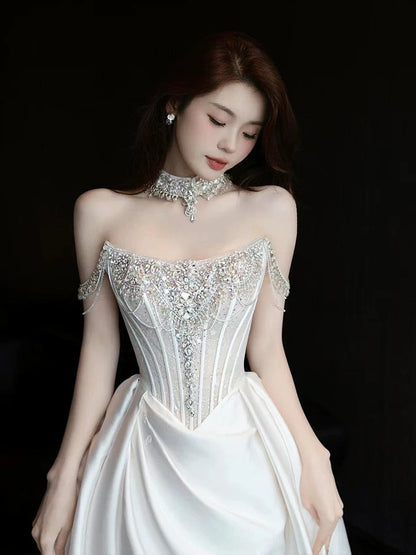 Modest Sheath Strapless With Train White Satin Brides Gown Bridal Dress Long Wedding Dresses RB5338