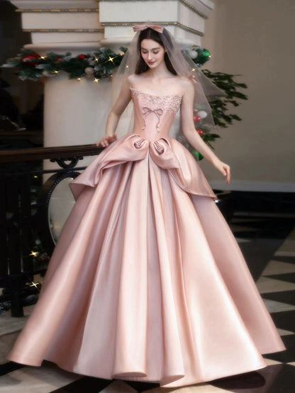 Cute Prom Dress Ball Gown Strapless Pink With Beads Floor Length Quinceanera Dresses Party Formal Outfits RB5214