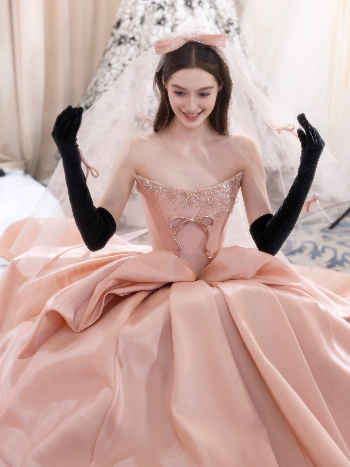 Cute Prom Dress Ball Gown Strapless Pink With Beads Floor Length Quinceanera Dresses Party Formal Outfits RB5214