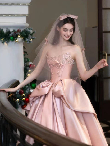 Cute Prom Dress Ball Gown Strapless Pink With Beads Floor Length Quinceanera Dresses Party Formal Outfits RB5214