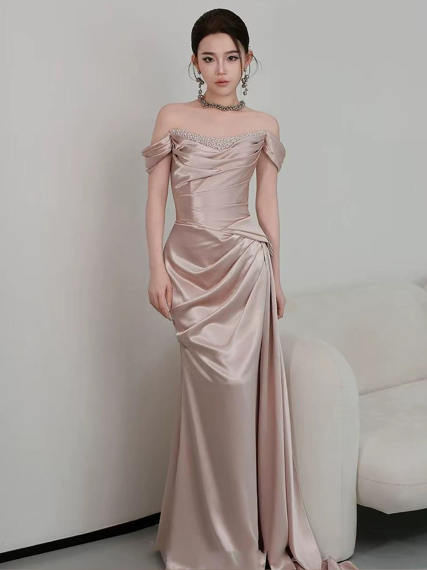 Sparkly Mermaid Off The Shoulder Pink With Beads Long Date Night Evening Outfit Formal Prom Dresses RB5340