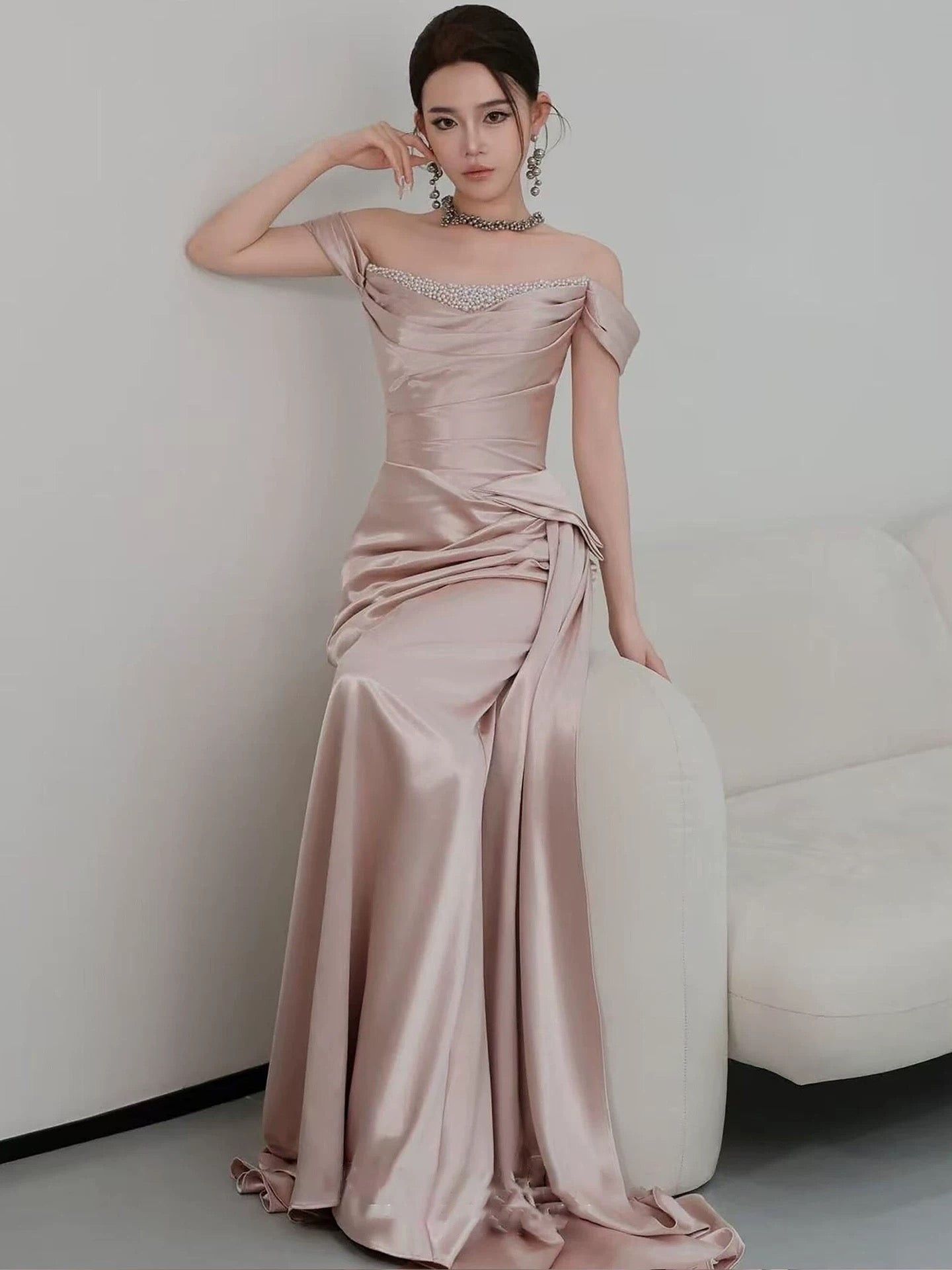 Sparkly Mermaid Off The Shoulder Pink With Beads Long Date Night Evening Outfit Formal Prom Dresses RB5340
