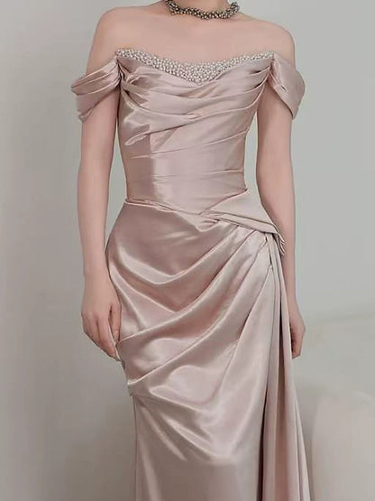 Sparkly Mermaid Off The Shoulder Pink With Beads Long Date Night Evening Outfit Formal Prom Dresses RB5340