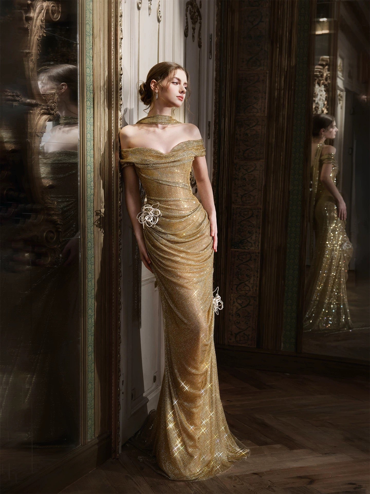 Sparkly Mermaid Off The Shoulder Gold Sequin With Sleeves Date Night Outfits Semi Formal Prom Gown Evening Dresses RB5362