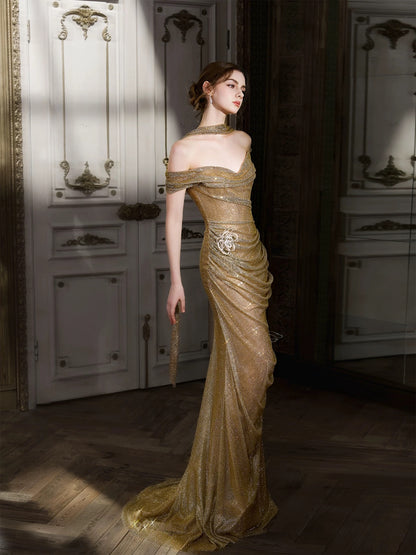 Sparkly Mermaid Off The Shoulder Gold Sequin With Sleeves Date Night Outfits Semi Formal Prom Gown Evening Dresses RB5362
