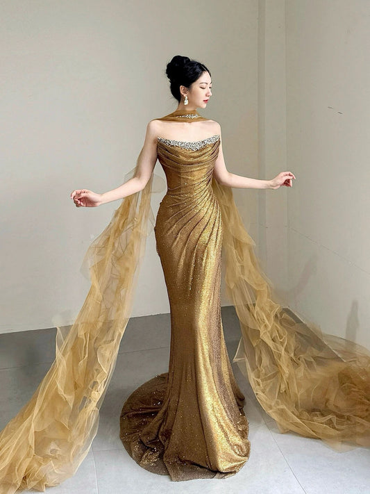 Sparkling Mermaid Strapless Gold Sequin Sleeveless Long Prom Dresses With Scarf For Women N4242