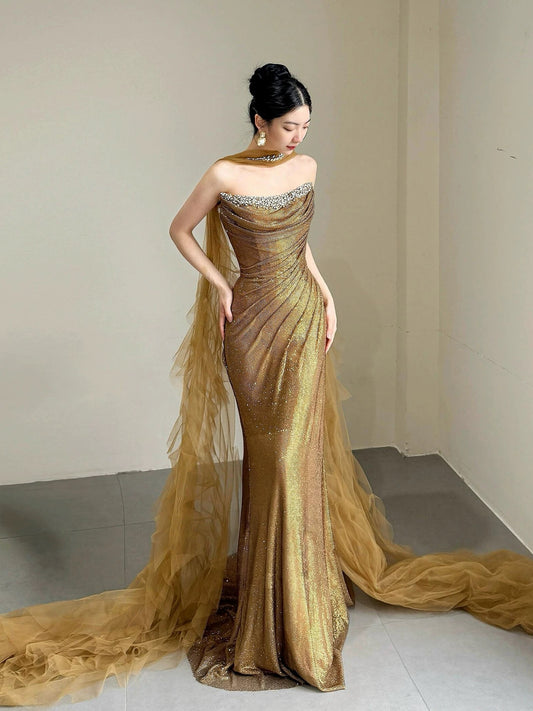 Sparkly Mermaid Strapless With Beading Scarf Long Prom Evening Dresses Inspo Evening Outfits RB5220
