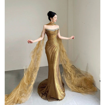 Sparkling Mermaid Strapless Gold Sequin Sleeveless Long Prom Dresses With Scarf For Women N4242