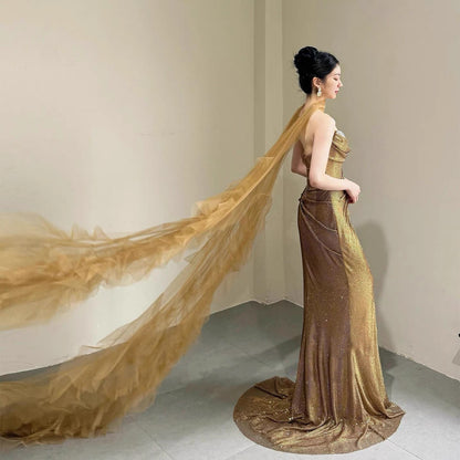 Sparkling Mermaid Strapless Gold Sequin Sleeveless Long Prom Dresses With Scarf For Women N4242