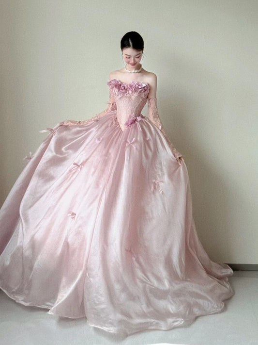 Princess Prom Dresses Ball Gowns Strapless Pink WIth 3D Flowers Evening Long Quince Dress N4243