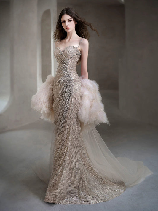 Sparkling Mermaid Spaghetti Strap Sequin Sleeveless Long Prom Dresses With Feathers Cape For Women N4244
