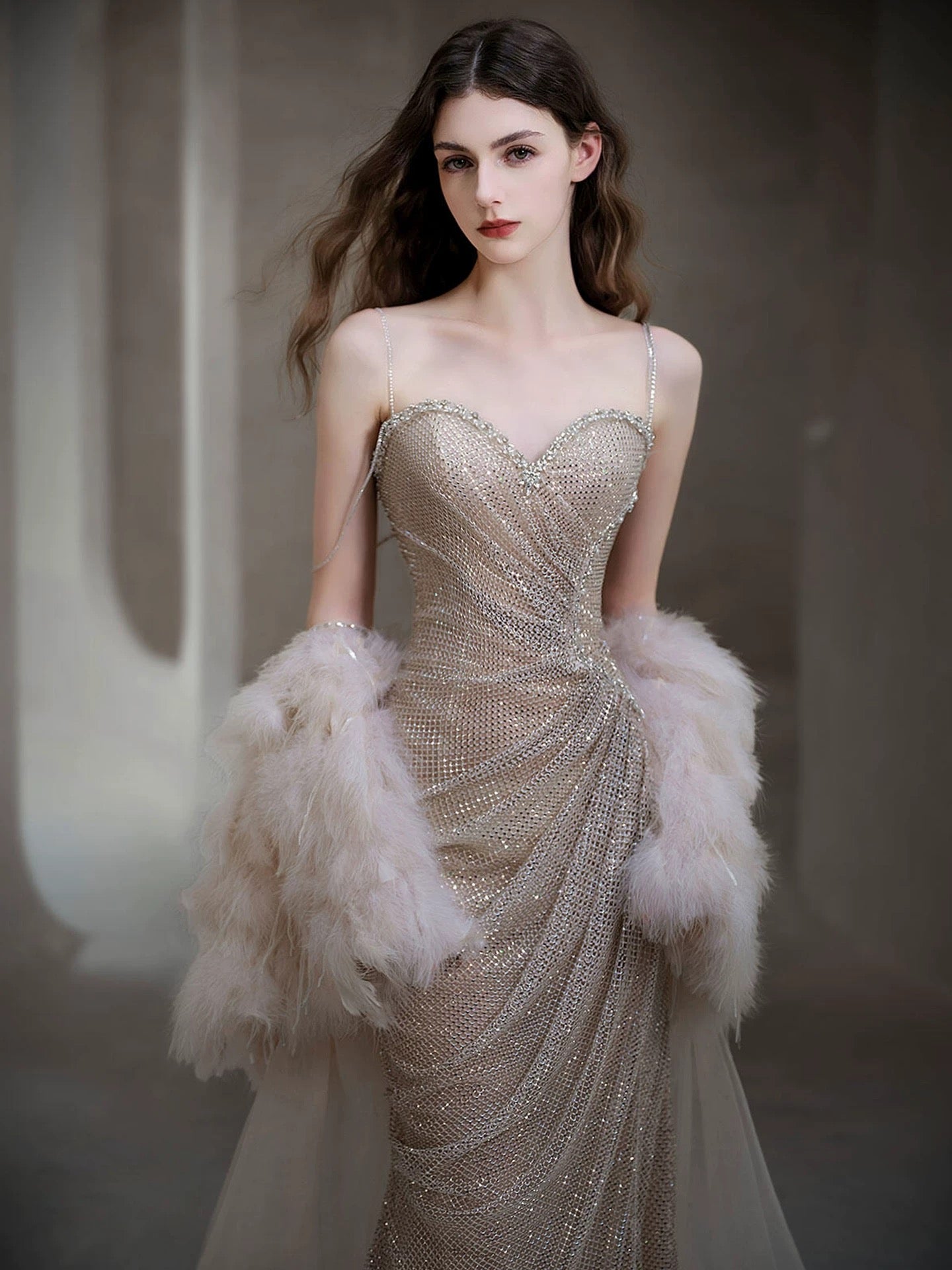 Sparkling Mermaid Spaghetti Strap Sequin Sleeveless Long Prom Dresses With Feathers Cape For Women N4244