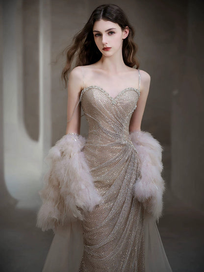 Sparkling Mermaid Spaghetti Strap Sequin Sleeveless Long Prom Dresses With Feathers Cape For Women N4244